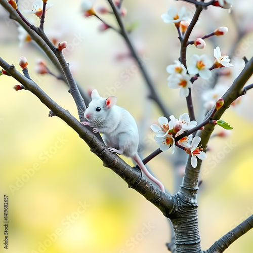 A white mouse sits on the branches of a young blossoming plum tree.