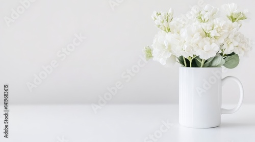 Wallpaper Mural A white ceramic mug filled with fresh white flowers sitting on a clean white table, minimalist composition with soft lighting, and serene home decor concept. Torontodigital.ca