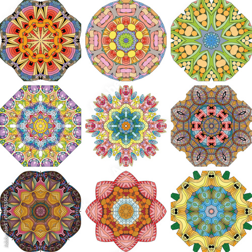Set of colorful cute Mandalas. Decorative unusual round ornaments.