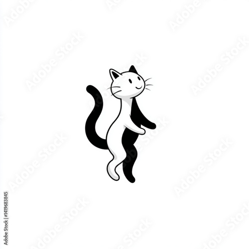 A cartoon cat with black and white coloring standing on its hind legs smiling up