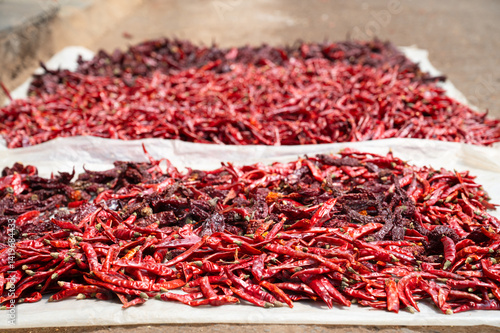 Fototapeta Naklejka Na Ścianę i Meble -  Drying red chilli pepper spices on a spice market in Mumbai, India, fresh ingredients for cooking indian food