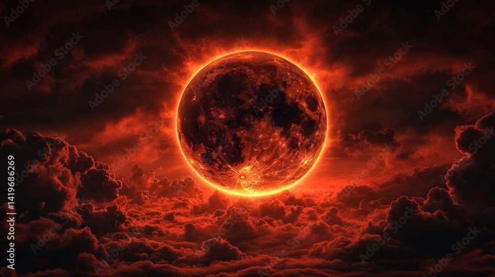 Obraz premium Fiery Red Moon in a Dark and Cloudy Sky