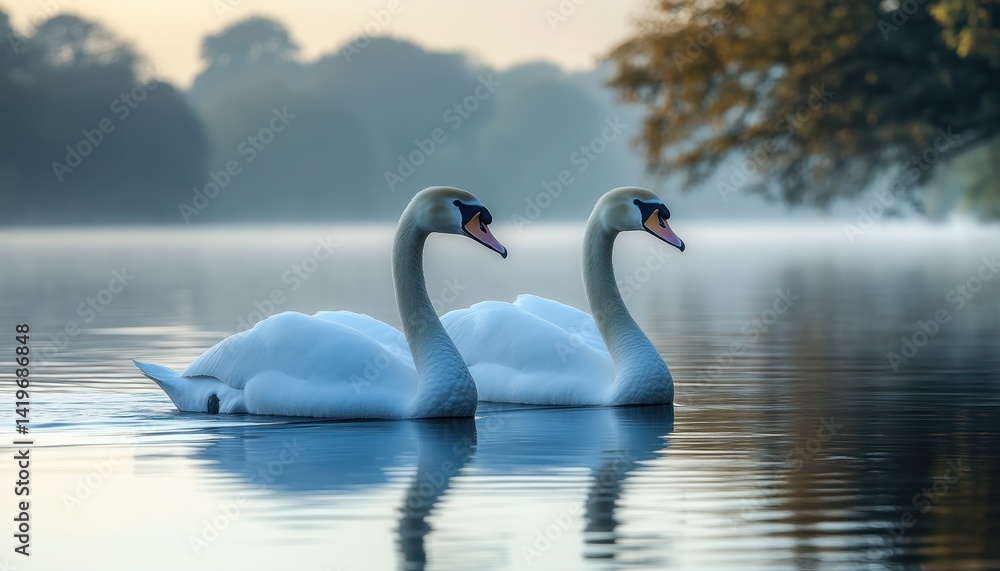Elegance in Motion: A Pair of Swans Gliding Gracefully Across a Serene Lake Elegance in Motion: A Pair of Swans Gliding Gracefully Across a Serene Lake