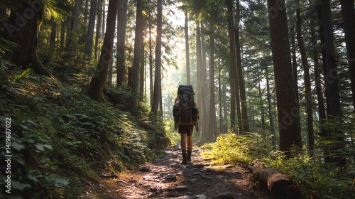 Hiker exploring sunlit forest trail on adventure.