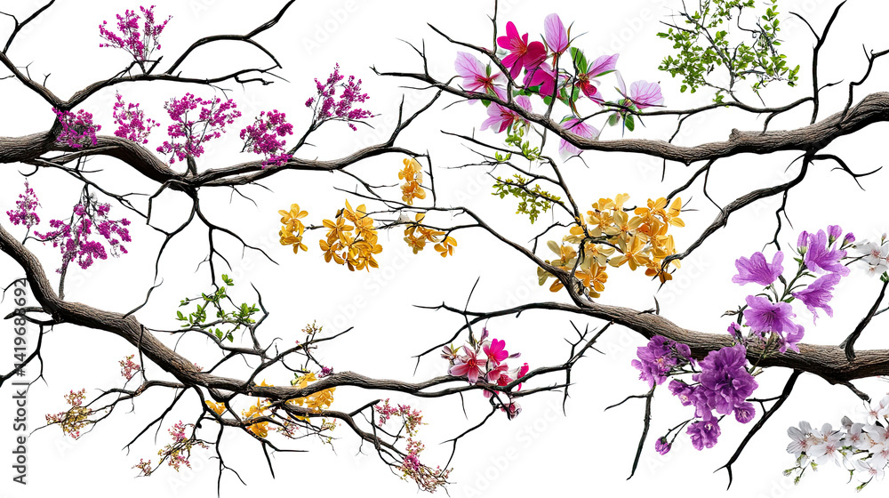 Fototapeta premium Colorful Blossoms Branch: A vibrant array of colorful blossoms in pink, purple, and yellow adorn the branches of a tree, creating a visually stunning display of nature's artistry.