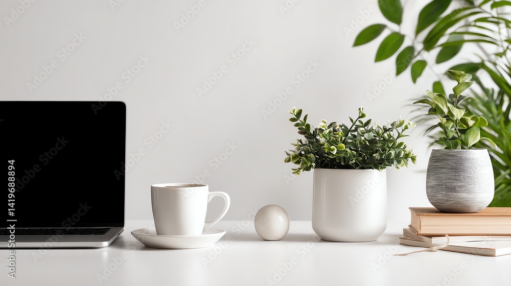 Fototapeta premium Minimalist workspace with plants and coffee cup.
