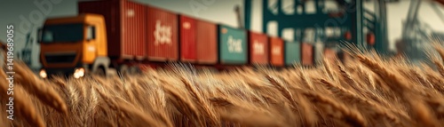 A truck delivers containers near golden wheat fields, showcasing the connection between agriculture and transportation in a vibrant industrial landscape.