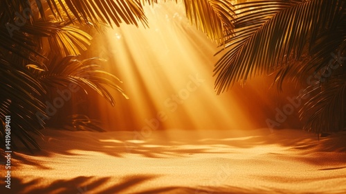 Golden Sunbeams Through Palm Trees on Tropical Beach