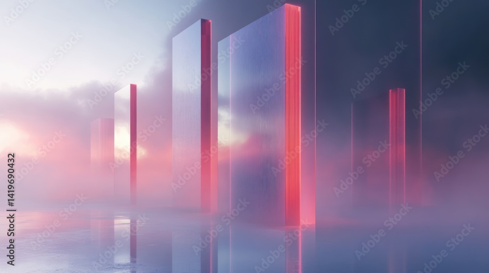 Futuristic landscape with glowing structures in fog Futuristic landscape with glowing structures in fog