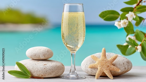 Tall Glass of Sparkling Wine on Light Wooden Surface with Beach in Background