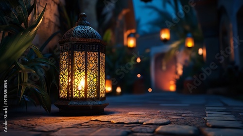 Ramadan lantern glowing light decoration islamic arabesque background eid mubarak kareem celebration night scene