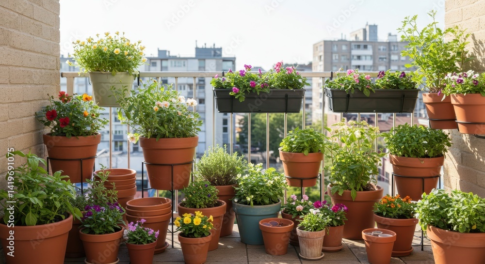 Fototapeta premium Vibrant Balcony Garden with Colorful Flowers and Terracotta Pots