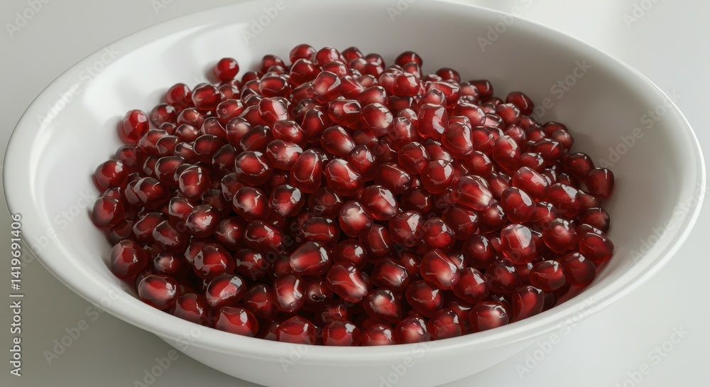 Fresh Red Pomegranate Seeds in a White Bowl Ready for Delicious Healthy Eating Fresh Red Pomegranate Seeds in a White Bowl Ready for Delicious Healthy Eating