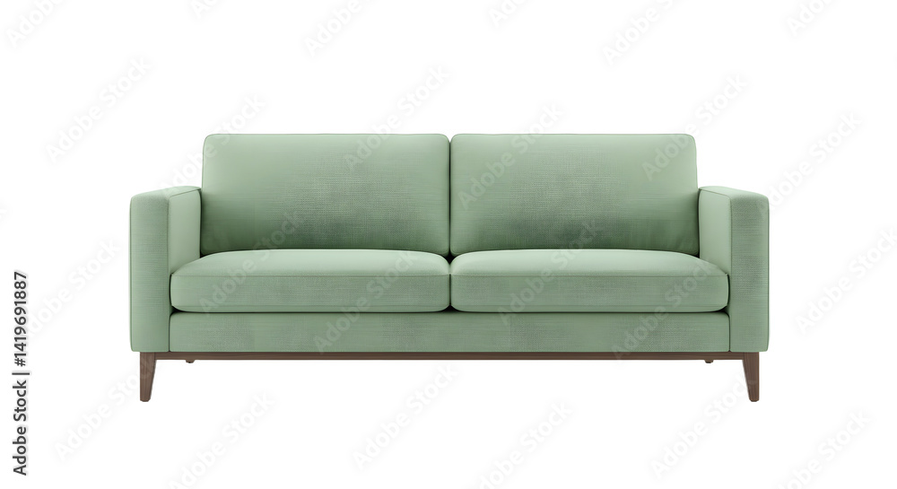 Modern light green sofa with plush cushions placed centrally in a minimalist living room, enhancing comfort and style Modern light green sofa with plush cushions placed centrally in a minimalist living room, enhancing comfort and style