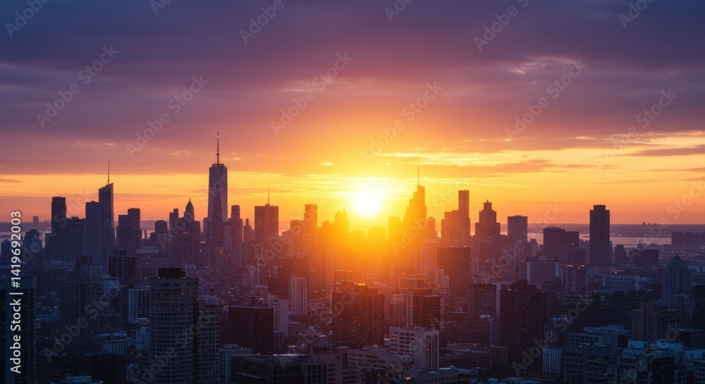 Fototapeta premium Vibrant City Skyline Sunset with Orange and Purple Hues