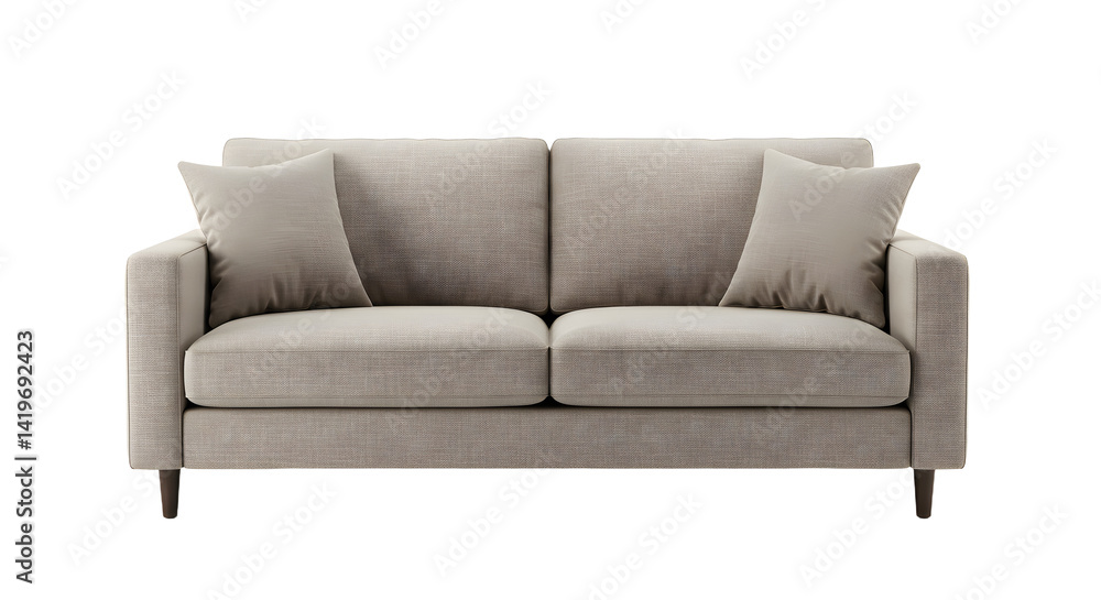 Modern, stylish gray sofa with plush cushions, set against a minimalistic backdrop, ideal for interior design inspiration Modern, stylish gray sofa with plush cushions, set against a minimalistic backdrop, ideal for interior design inspiration