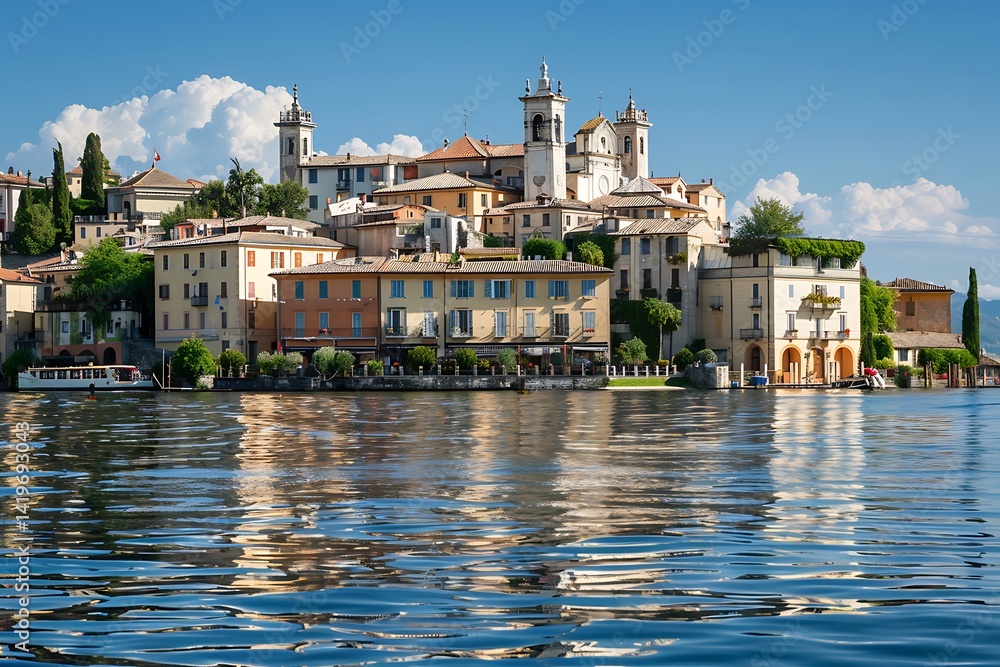 Fototapeta premium Scenic Lakeside Village with Historic Buildings and Mirroring Water Under a Bright Blue Sky