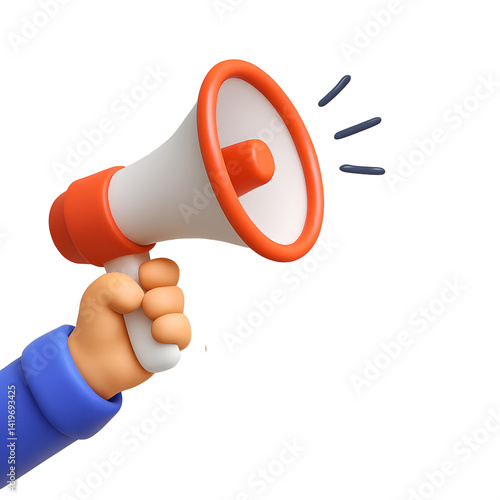 Megaphone announcement. Support hand with megaphone 3d cartoon.	