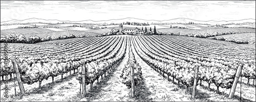 Hand draw vineyard tuscany landscape farm field in monochrome sketch style.