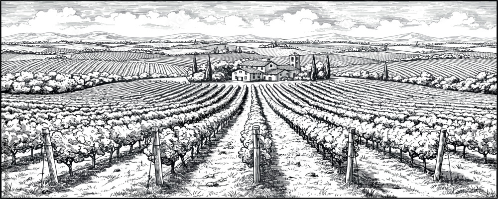 Fototapeta premium Hand draw vineyard tuscany landscape farm field in monochrome sketch style.