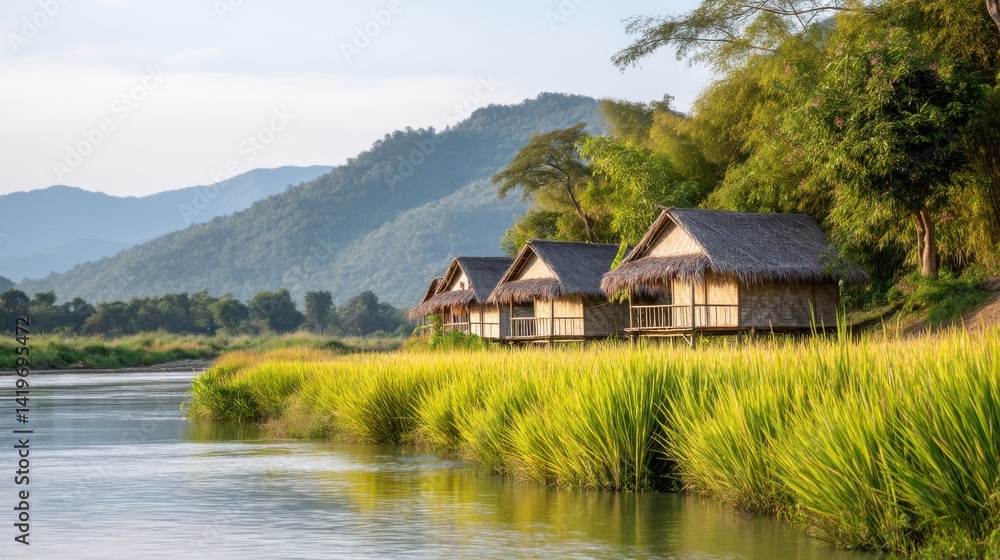 Cluster of bamboo huts on shore of Laos river, surrounded by lush rice plants and distant hills, golden morning light Cluster of bamboo huts on shore of Laos river, surrounded by lush rice plants and distant hills, golden morning light