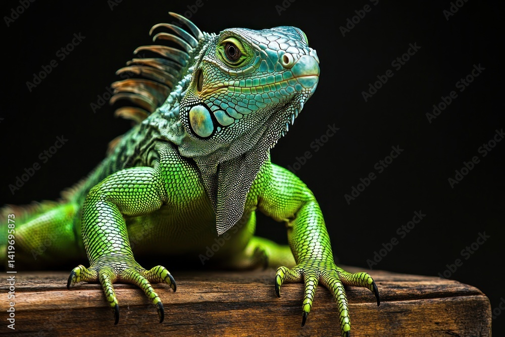 Fototapeta premium A large green iguana showing its body in close up detail