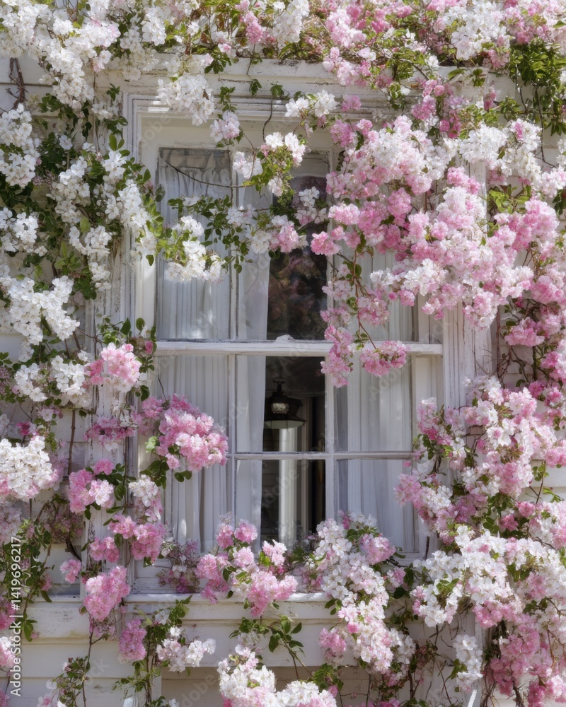 Fototapeta premium Cottage windows buried behind layers of white and pink blossoms, overflowing floral curtain effect