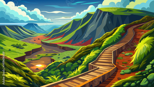  Very beautiful Path along volcano crater green valley caldera, Faial island, Azores, Portugal