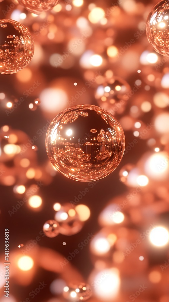 Abstract copper spheres in motion, glowing background Abstract copper spheres in motion, glowing background