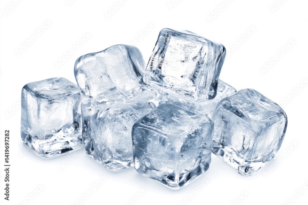 Several cool transparent ice cubes stacked together on a white surface Several cool transparent ice cubes stacked together on a white surface