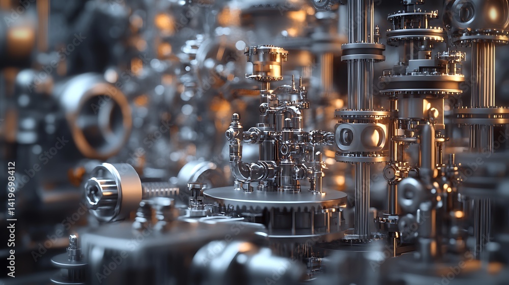 Intricate metallic machinery with gears and cogs interwoven, showcasing a futuristic industrial scene Intricate metallic machinery with gears and cogs interwoven, showcasing a futuristic industrial scene