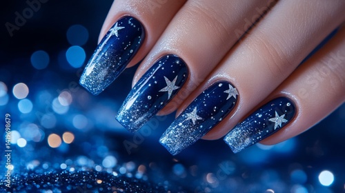 Close-Up of Woman's Hand with Blue Glitter Star Nail Art