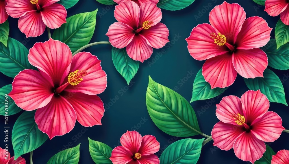 custom made wallpaper toronto digitalBold, vibrant hibiscus & tropical leaves, seamless design, leaves, design