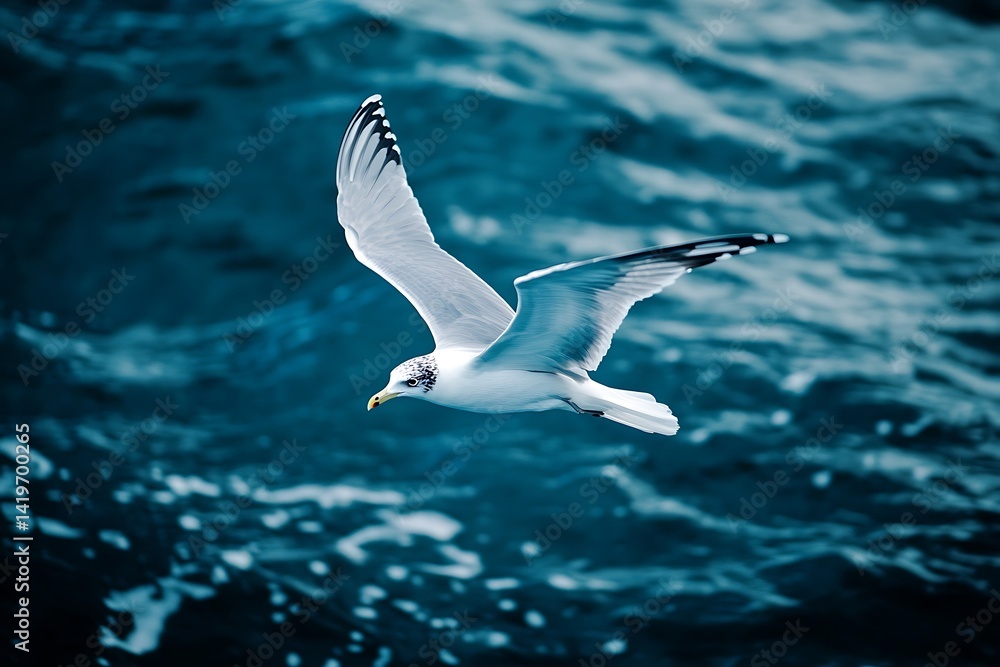 Seagull In Flight Over Ocean Waves Against A Blue Sky Background Showing Motion And Freedom Seagull In Flight Over Ocean Waves Against A Blue Sky Background Showing Motion And Freedom