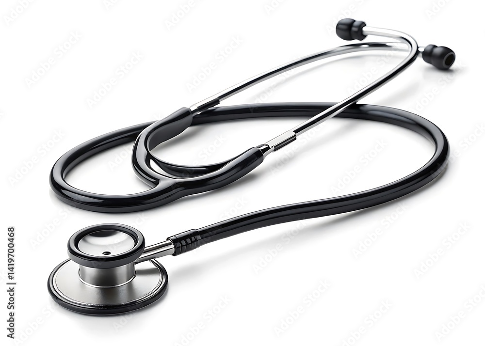 Stethoscope on a white background, isolated and ready for medical examination, symbolizing healthcare and diagnostic tools used by doctors and hospitals Stethoscope on a white background, isolated and ready for medical examination, symbolizing healthcare and diagnostic tools used by doctors and hospitals