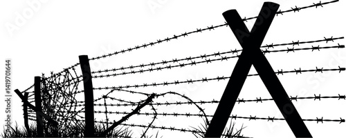 Silhouette of barbed wire and wooden stake on the ground. trench war elements vector background.