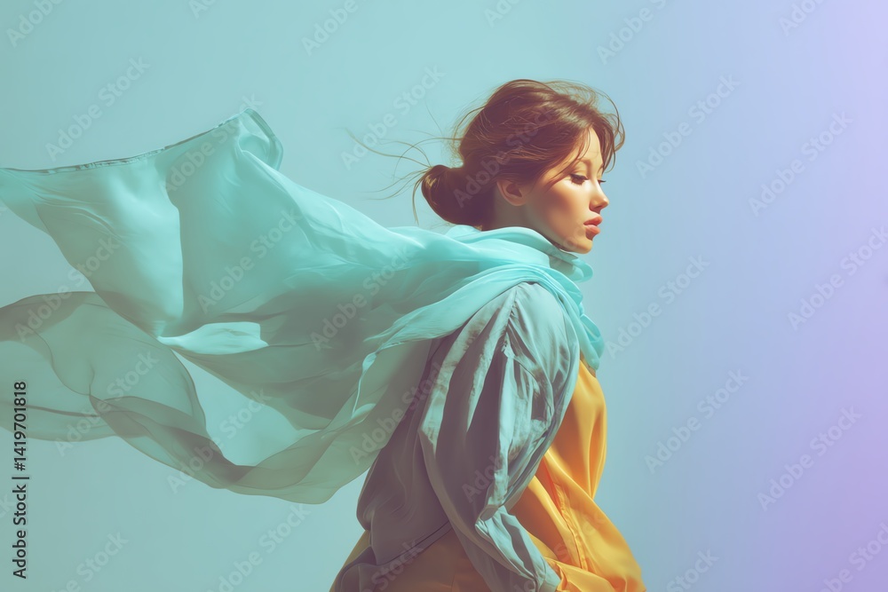 Woman in flowing scarf with serene expression. Woman in flowing scarf with serene expression.