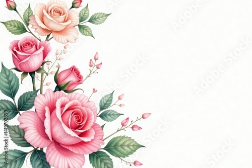 Delicate watercolor roses & leaves, pastel hues, pretty, pink