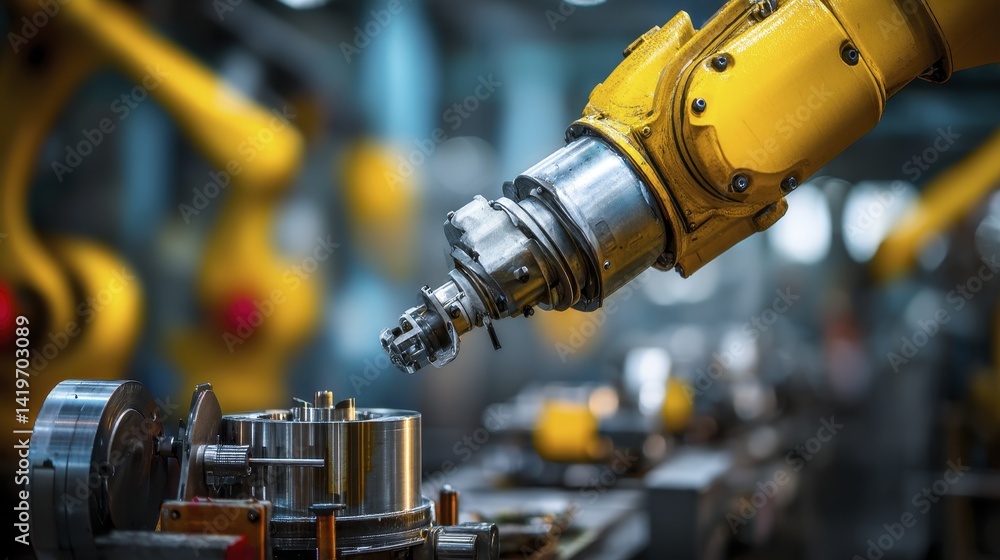A robotic arm precisely placing a component on an assembly line - line automation robotic arm production A robotic arm precisely placing a component on an assembly line - line automation robotic arm production