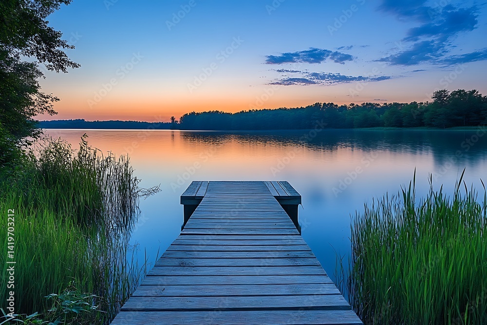 Serene Sunset Over A Calm Lake Wooden Dock Extending Towards The Horizon Serene Sunset Over A Calm Lake Wooden Dock Extending Towards The Horizon