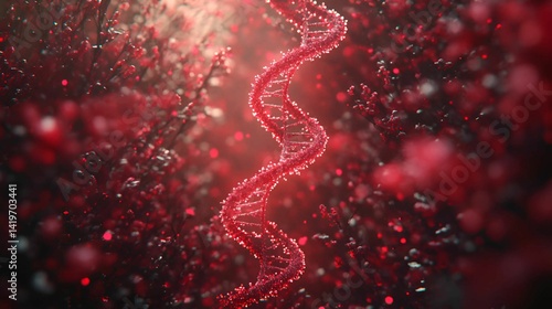 DNA helix strands, forming a luminous double helix made of of fine red particle dust. 
