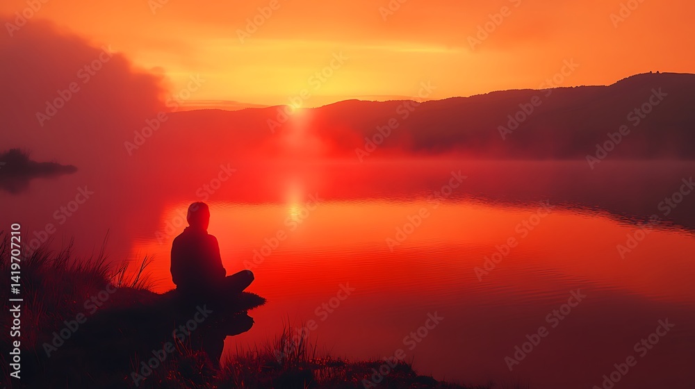 Silhouette of Person Meditating by Lake at Sunset with Orange Sky Reflection Silhouette of Person Meditating by Lake at Sunset with Orange Sky Reflection