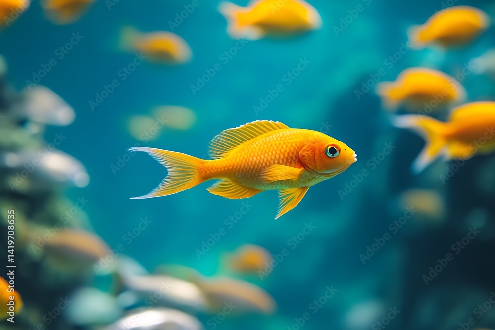 Fototapeta premium Single Goldfish Swimming Amongst Other Fish in Turquoise Water