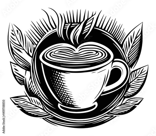 Elegant Engraving of Coffee Cup Surrounded by Leaves and Sunburst