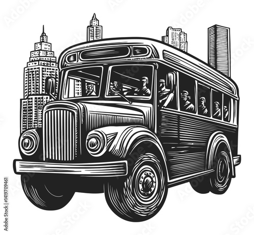 Vintage Engraving of Classic City Bus with Urban Skyline Background
