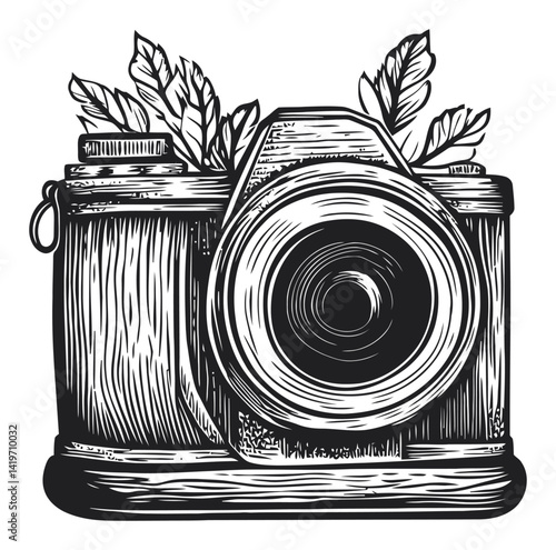 Vintage Camera Engraving with Leaves and Wood Texture Design