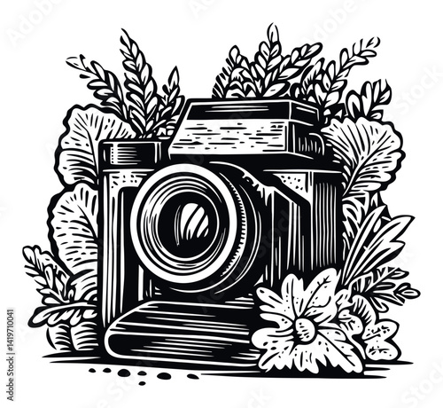 Handcrafted Engraving of Vintage Camera Surrounded by Nature Elements
