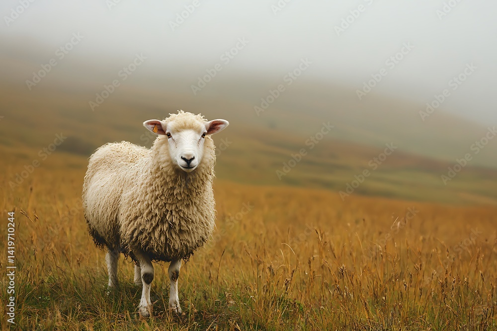 Fototapeta premium Single Sheep Stands In Field With Brown Grass And Foggy Hill Background