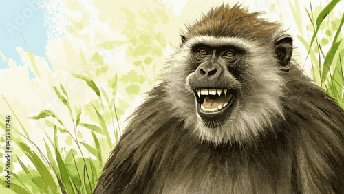 Primal pigment: baboon’s gaze smile happy isolated watercolor vector illustration svg 