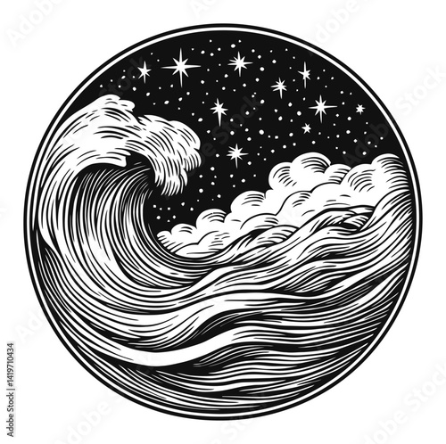 Intricate Engraving of Ocean Waves Against a Starry Night Sky